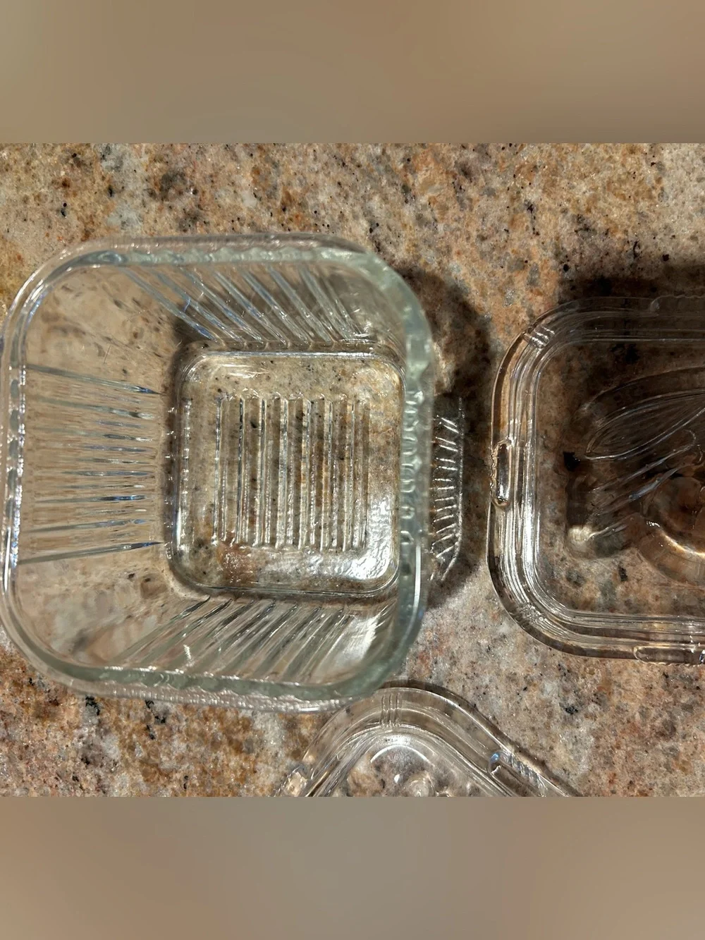 Vintage Ribbed Federal Glass Refrigerator Box w/ (2) Embossed Lids. 4.25”x2.75”